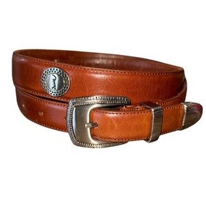 Western PGA Tour Belt Size 38 Brown Silver Plated Medallion Leather Golf